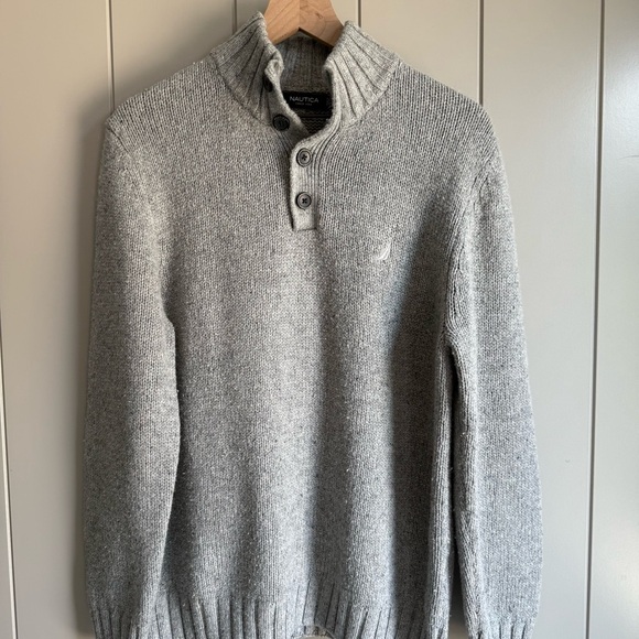 Nautica Men's Sweater Size L Gray Wool Blend Four Button Mock Neck Logo Pullover - Picture 1 of 11